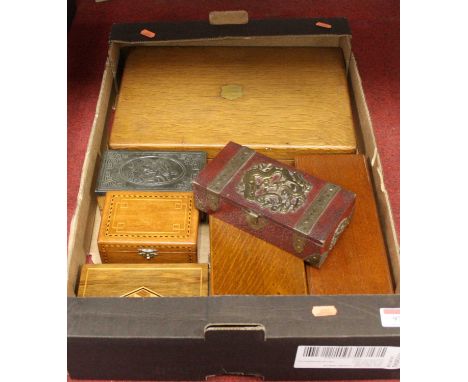 A collection of assorted boxes to include early 20th century oak cutlery canteen, oak glove box, playing card box etc