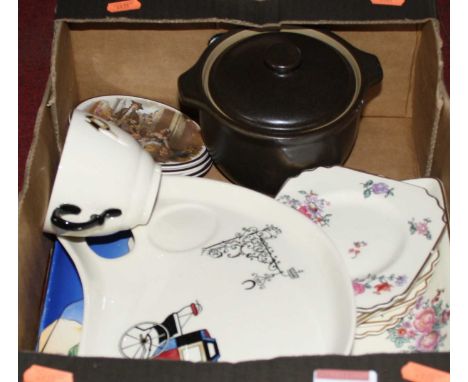 A box of miscellaneous items to include Cries of London saucers, part tea set etc