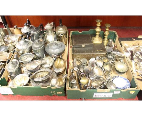 Two boxes of miscellaneous metalware, to include a pair of 19th century turned brass candlesticks, silver plated tea set, loo