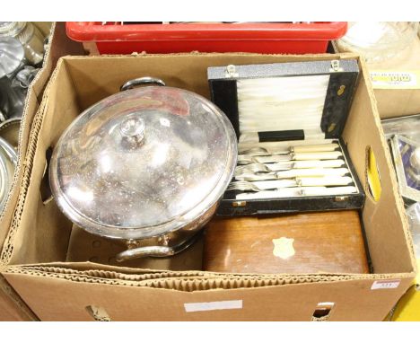 Two boxes of miscellaneous metalware, to include silver plated fish knives and forks, loose flatware etc 
