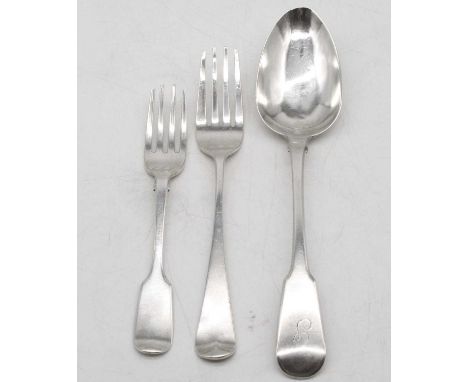 A George III silver serving spoon, in the Old English pattern; together with a George III silver table fork and dessert fork,