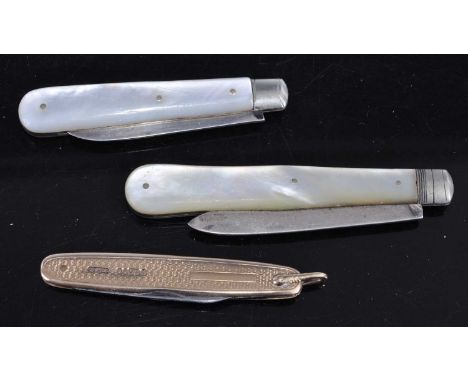 A 9ct gold cased pocket fruit knife, having engine turned decoration and two hinged steel blades; together with two mother of