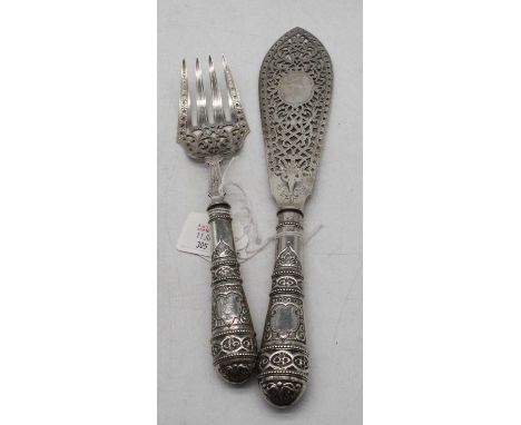 A pair of late Victorian silver fish servers, the knife of pierced oval form with foliate decoration and vacant cartouche, wi