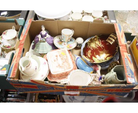 A box of ceramics, to include a Carlton ware Rouge Royale dish, Dresden porcelain teacup and saucer, and a Victorian moulded 