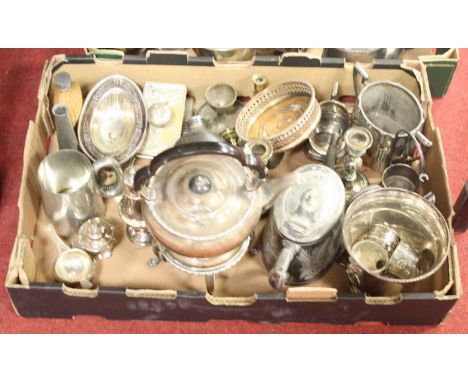 A box of miscellaneous metalware, to include silver plated spirit kettle on stand, Old Sheffield Plate bottle coaster, leathe