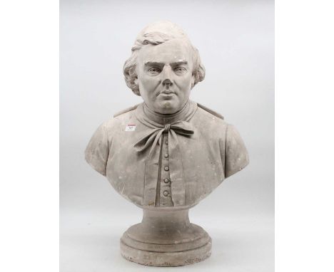 A 19th century plaster head and shoulders portrait bust of an ecclesiastical man, mounted upon a socle base, 66cm high