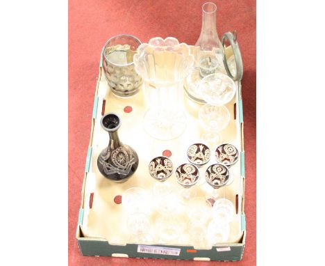 A box of miscellaneous glassware to include celery vase, oil lamp, etc