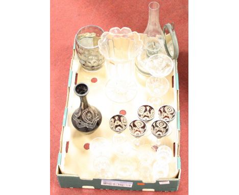 A box of miscellaneous glassware to include celery vase, oil lamp, etc