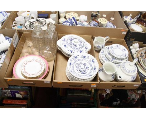 Three boxes of glassware and ceramics, to include a Meakin Blue Nordic pattern part tea and dinner service