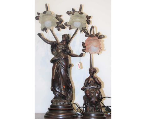 A large Art Nouveau style resin figural table lamp, in the form of a maiden with outstretched arms, having a frilled glass sh