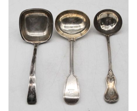 An early Victorian silver sauce ladle in the Fiddle &amp; Thread pattern, makers mark obscured, London 1842; together with a 