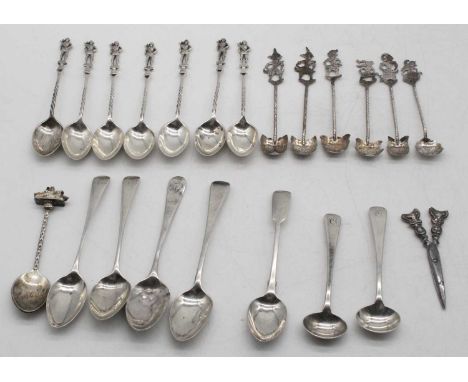 A pair of George III silver mustard spoons; together with various silver and white metal loose flatware, to include teaspoons