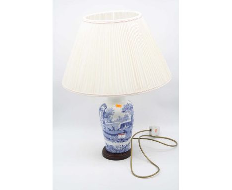 A Copeland Spode Italian style blue &amp; white transfer decorated table lamp of baluster form having pleated silk shade, hei