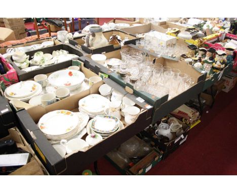 Five boxes of glassware and ceramics, to include decanters, Crown part tea service etc 