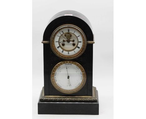 A late 19th century black slate cased domed top clock barometer, the upper section having a circular enamelled chapter ring w