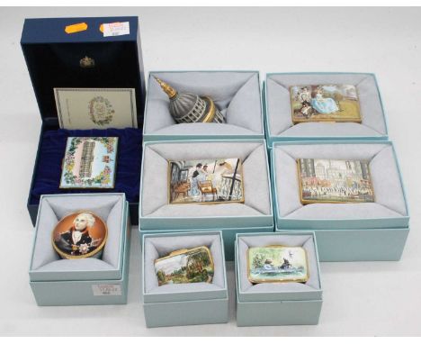 A collection of boxed Halcyon Days enamelled trinket jars and covers, to include Wind in the Willows, Flatford Mill, St Paul'