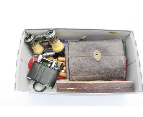 A collection of miscellaneous items, to include leather wallet, faux ivory opera glasses, pocket corkscrew, rosewood box etc