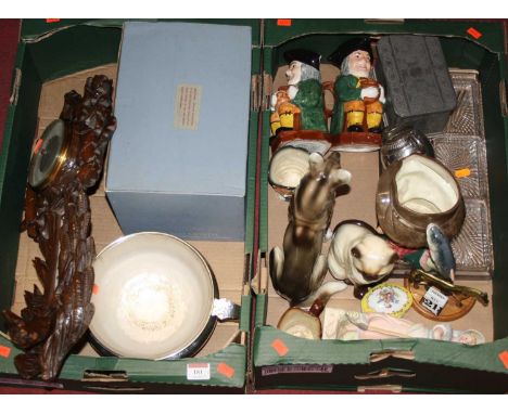 Two boxes of miscellaneous items to include an early 20th century continental carved oak cased barometer, an Arts &amp; Craft