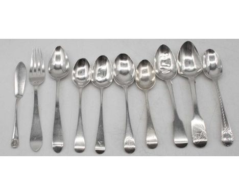 A collection of 18th century and later silver flatware, mainly being teaspoons but to include butter knife and fork etc, gros