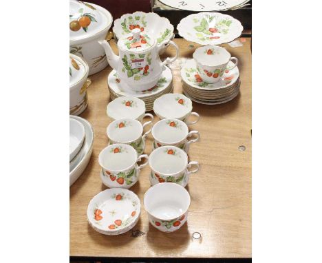 A Queen's Fine Bone China part tea and dessert service, decorated in the Strawberry pattern having printed mark verso