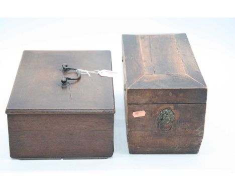 A late Regency rosewood and boxwood strung tea caddy of sarcophagus form flanked by brass lion mask handles, width 31cm (lack