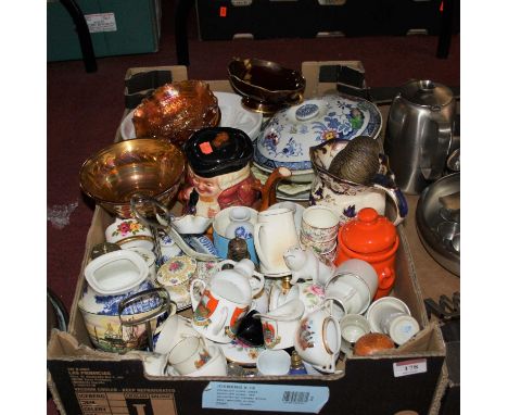 A box of miscellaneous items to include Poole pottery figure of an owl, Masons ironstone hydra jug in the Mandalay pattern, c