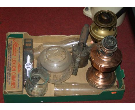 A Victorian brass oil lamp, having acid etched glass shade; together with one other similar; and a torch etc 