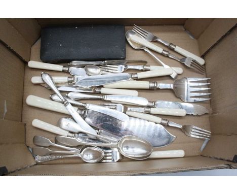 A George V silver christening fork and spoon, in fitted leather case; together with various loose silver and silver plated fl