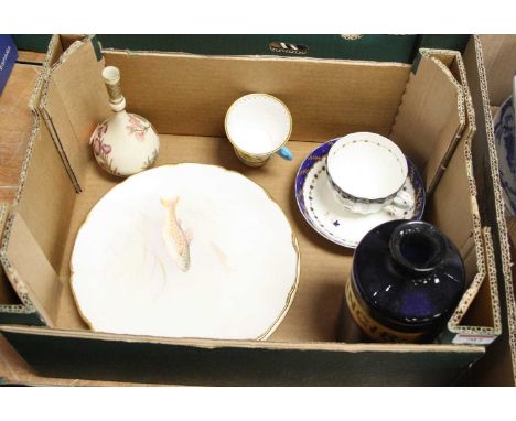 A box of glassware and ceramics, to include a Royal Worcester Old Ivory bottle vase, a 19th century blue glass apothecary jar