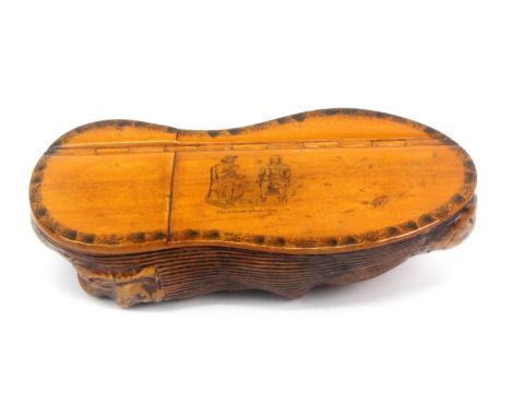 A very large Scottish burr wood / sycamore snuff box, of shoe form, the lid centred by seated figures titled 'Tam O'Shanter a