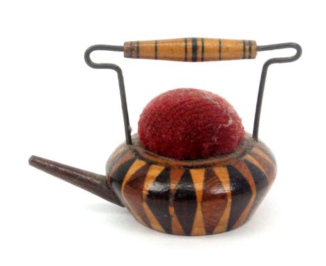 A Tunbridge stick ware pin cushion in the form of a miniature kettle or tea pot, original velvet infill, wire handle with pai