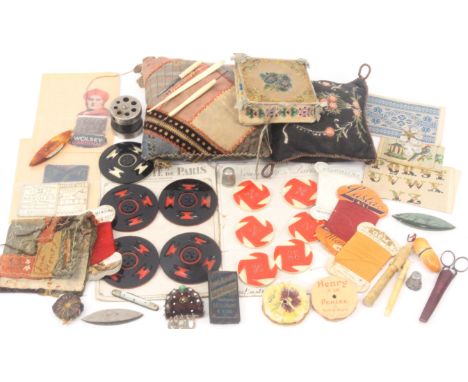 A mixed lot - sewing, comprising two larger format pin cushions, one embroidered, 13cms, needle packets, Viyella drum form kn