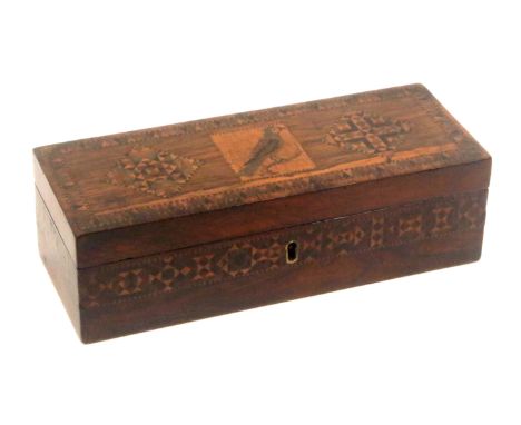 A Tunbridge ware rosewood box, of rectangular form, the sides with a band of stick ware, the lid with a central mosaic panel 