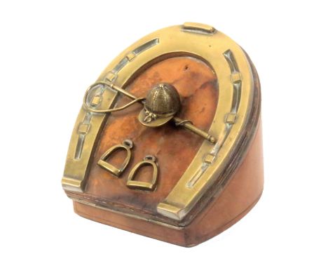 An unusual equestrian themed sewing companion, circa 1860, the wedge shaped brown leather case with hinged lid outlined with 