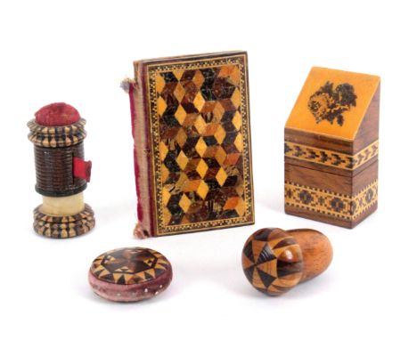 Tunbridge ware - five pieces, sewing, comprising a large format rosewood needle packet box the slant top with mosaic flower o