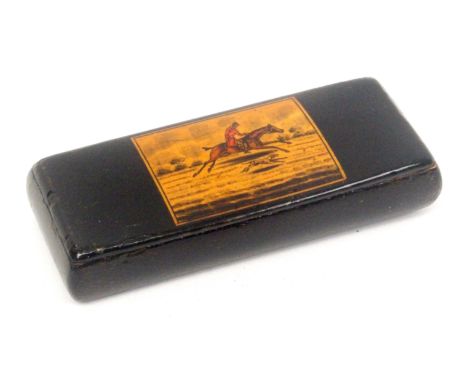A Scottish sycamore snuff box, wooden hinge, of small narrow rectangular form, the lid with a panel in pen and paintwork with