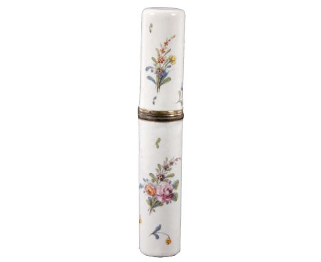 A late 18th Century English South Staffordshire enamel bodkin case, of cylinder form the white ground decorated with groups a