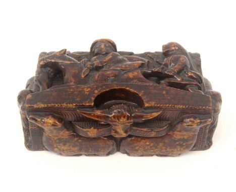 A Scottish 'blind man' deep carved stained sycamore snuff box, metal hinge, the lid with Tam o' Shanter escaping over a bridg