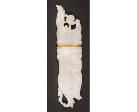 A fine Palais Royal pierced and carved mother of pearl needle case, the lower section carved with stiff and scrolling leaves 