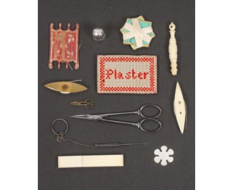 A mixed lot - sewing, comprising a pair of steel scissors, 10.8cms, a steel purling hook on chain and ring, a painted bone mu