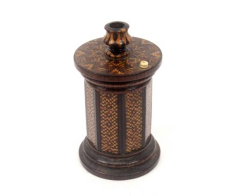 A Tunbridge ware rosewood go-to-bed, turned circular base incorporating striker, the octagonal body in geometric mosaic below