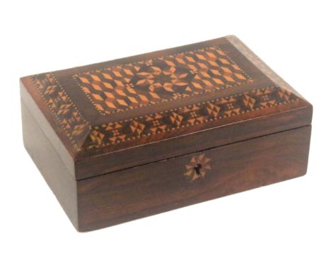 A Tunbridge ware rosewood sewing box of small format, and rectangular form, the front with circular stick ware escutcheon, th