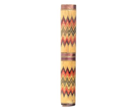 A French split and coloured straw knitting needle or tatting case, of oval section decorated in zig zag mosaic, with a few to