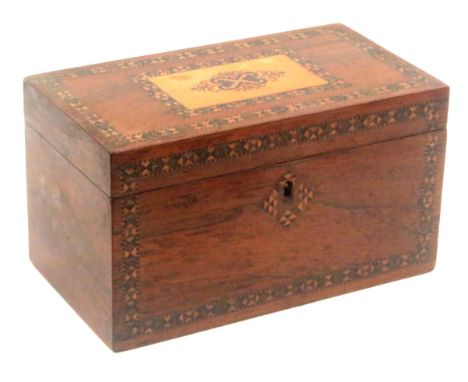 A Tunbridge ware rosewood tea caddy, of rectangular form, the front with stick ware border and escutcheon, the lid with a pan