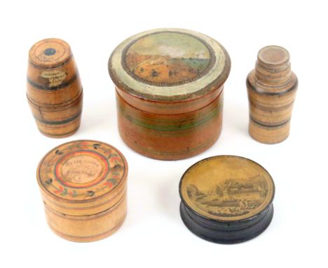 Five various early Tunbridge and related boxes and containers, comprising a whitewood cylinder box with titled colour print '
