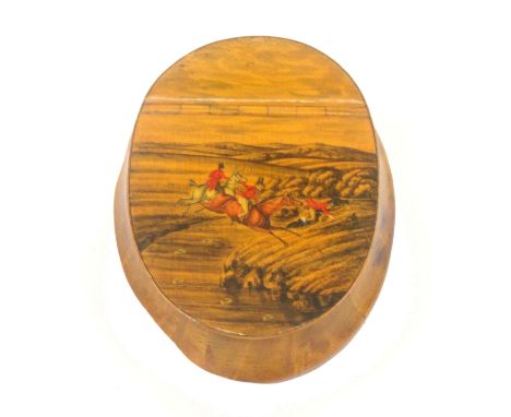 A fine Scottish burr wood snuff box of near oval form, the lid with wooden hinge and decorated in penwork and paint with thre