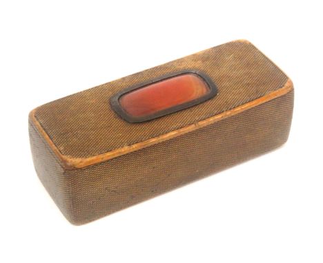 A Scottish sycamore snuff box, wooden hinge, rectangular, in diamond black chequer pattern, the lid with polished stone in me