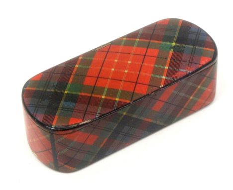 A Scottish Tartan ware snuff box (Caledonia), wooden hinge, of curved end rectangular form, foil 100%, stamped 'Smith Mauchli