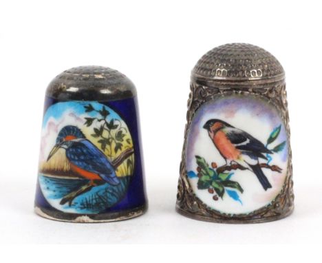 Two silver and enamel thimbles by Peter Swingler, comprising an example with two oval enamel studies of a male bullfinch on a