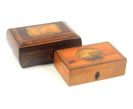 Two small early Tunbridge ware print decorated and inlaid boxes attributed to Wise, the first in rosewood with bombe sides, t